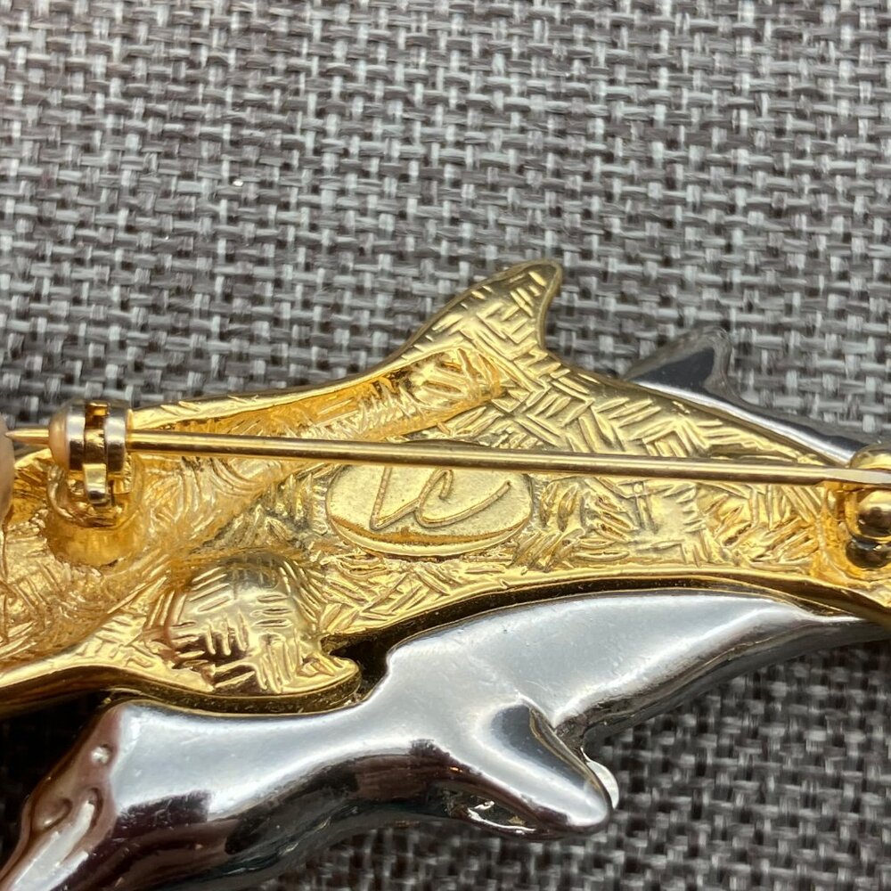 Liz Claiborne Dolphin Brooch Pin 3 In Gold Silver Sleek Elegant Swimming Glam - Picture 3 of 6